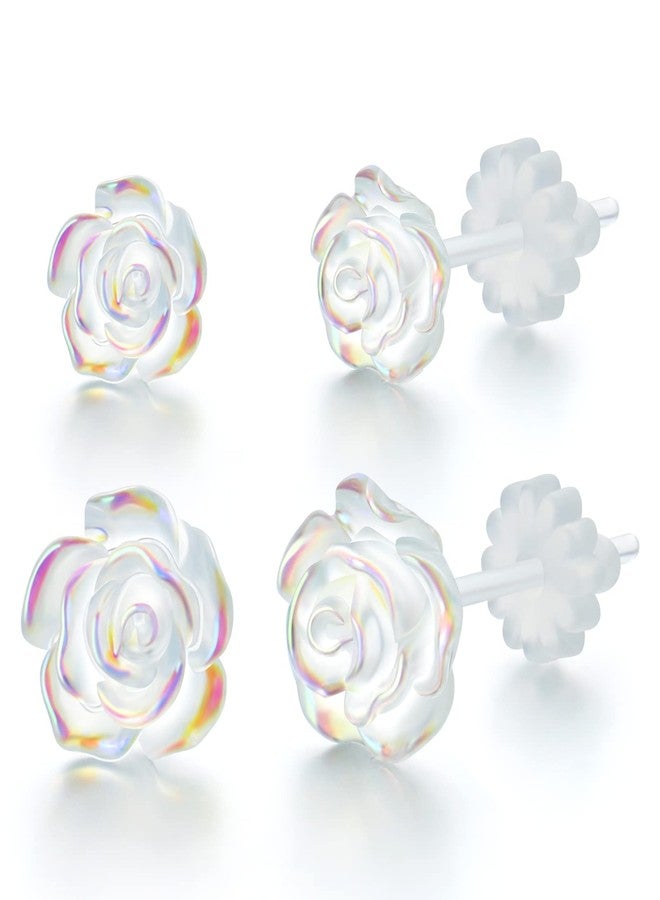 KMEOSCH Plastic Post Earrings for Sensitive Ears, KMEOSCH 2 Pairs (6mm & 8mm) Clear 3D Rose Non-metal Fully Plastic Stud Earrings for Women - Unique, Elegant Comfortable, Chic, Light - Image 1